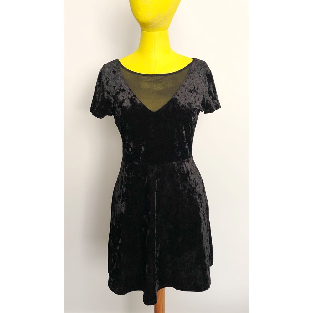 Black Crushed Velvet Skater Dress - Petite